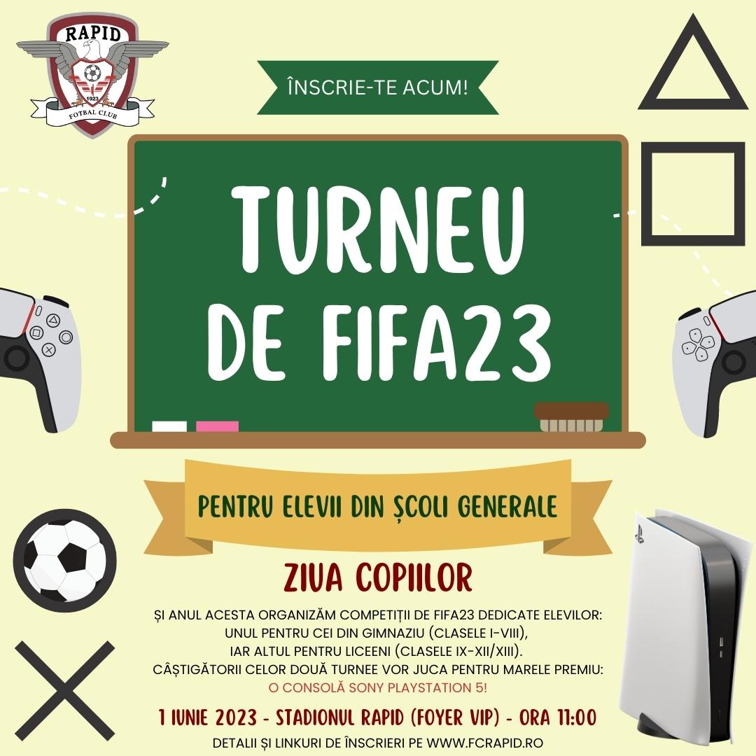 Afiș pentru turneul de FIFA23 dedicat elevilor de gimnaziu (clasele I-VIII)